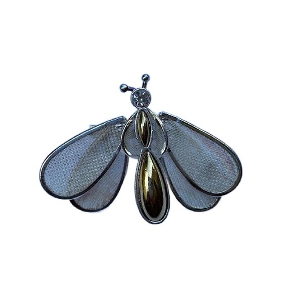 Vintage 60s Trembler Brooch Silver Gold Tone Mesh Butterfly Pin - Picture 3 of 5